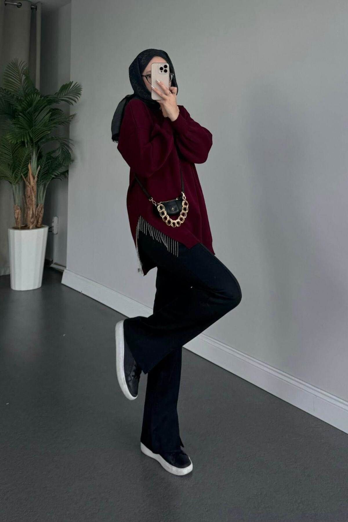 Şule Giyim Yarı Zincirli Triko Kazak Bordo