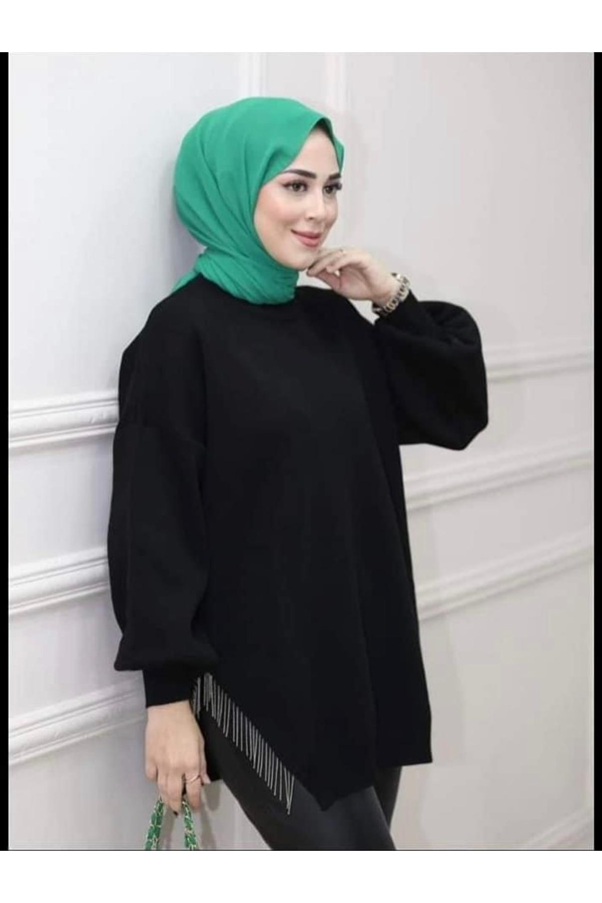 Şule Giyim Yarı Zincirli Triko Tunik Siyah