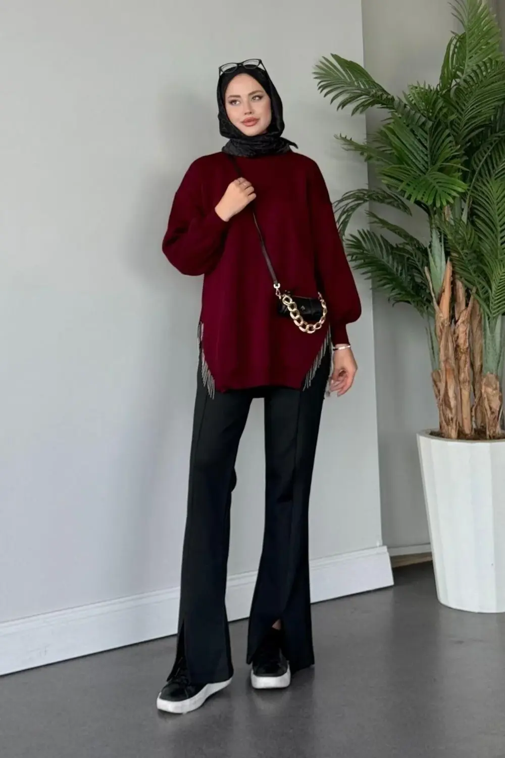 Yarı Zincirli Triko Kazak Bordo