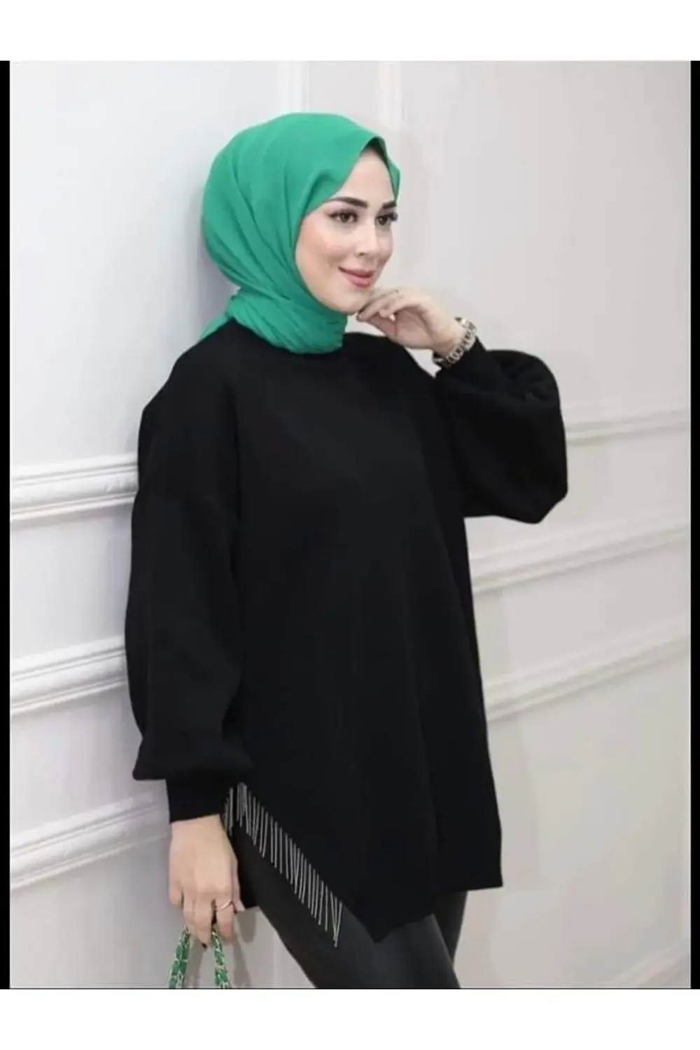 Yarı Zincirli Triko Tunik Siyah