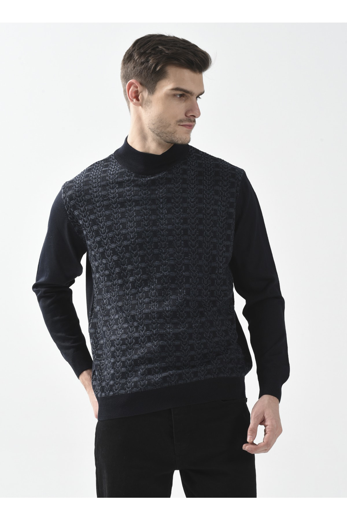 Süvari Yarım Balıkçı Yaka Armürlü Lacivert Erkek Kazak Tr2013700248