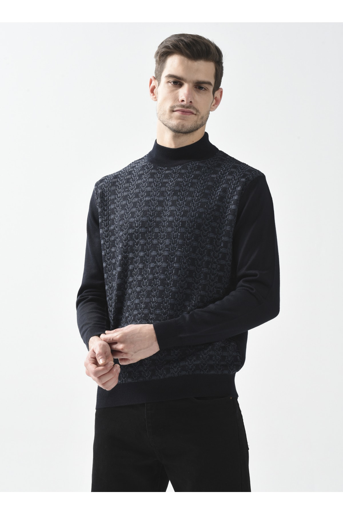 Süvari Yarım Balıkçı Yaka Armürlü Lacivert Erkek Kazak Tr2013700248