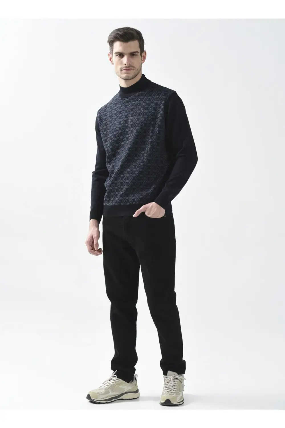 Yarım Balıkçı Yaka Armürlü Lacivert Erkek Kazak Tr2013700248