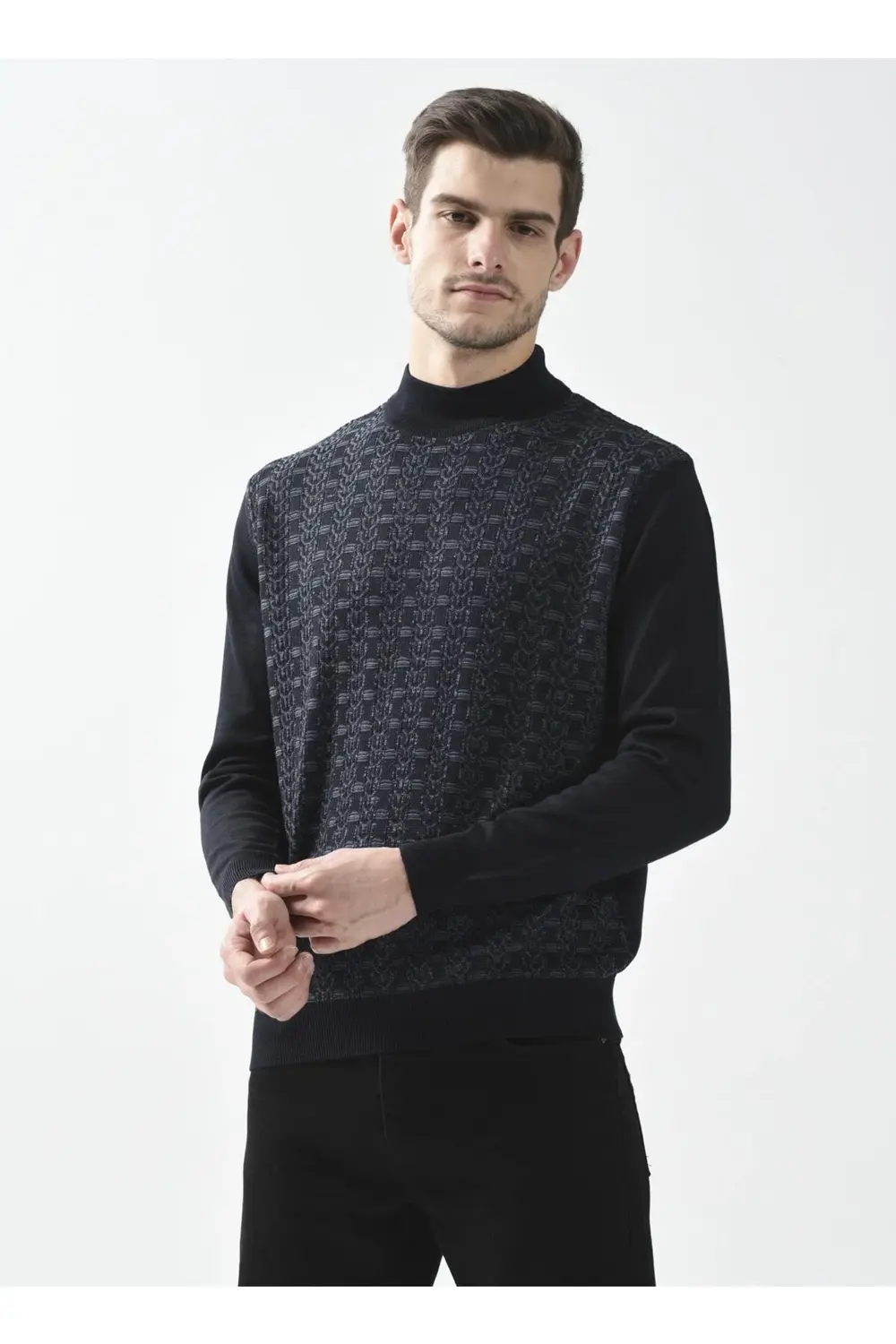 Yarım Balıkçı Yaka Armürlü Lacivert Erkek Kazak Tr2013700248