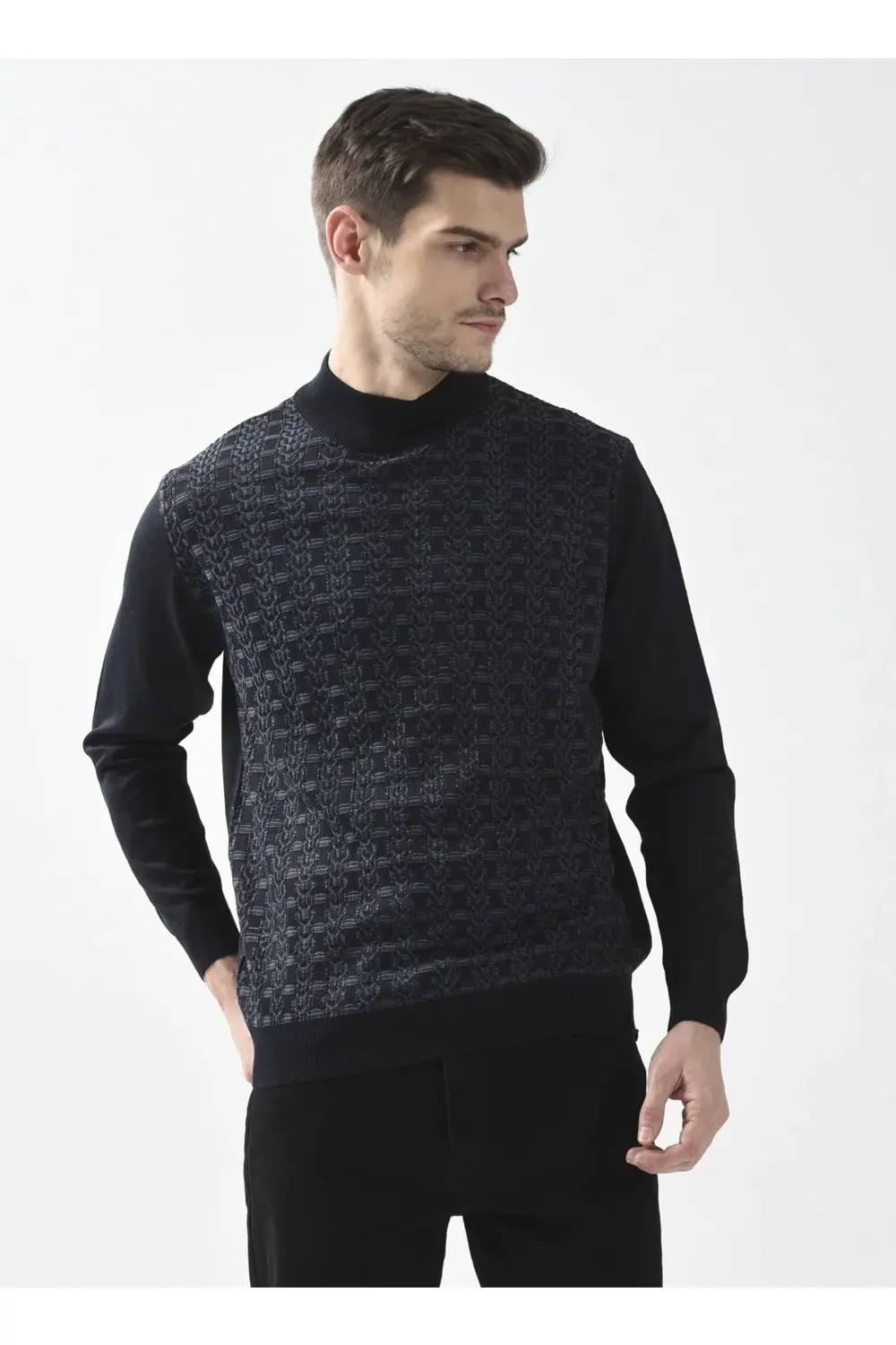 Yarım Balıkçı Yaka Armürlü Lacivert Erkek Kazak Tr2013700248