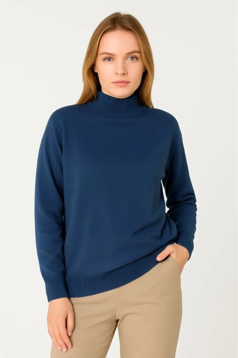 Yarım Boğaz Triko Kazak Yumuşak Dokulu Pamuklu Ince Dokuma, Uzun