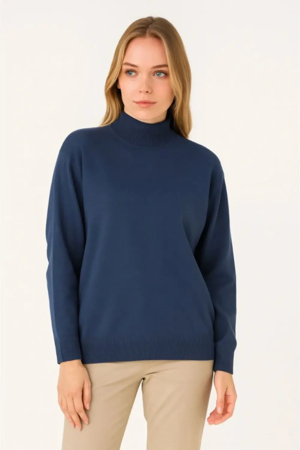 Yarım Boğaz Triko Kazak Yumuşak Dokulu Pamuklu Ince Dokuma, Uzun