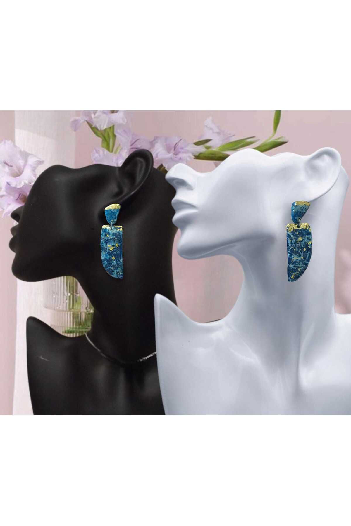 Yarım Daire Maviş Polimer Kil & Epoksi Tasarım Küpe