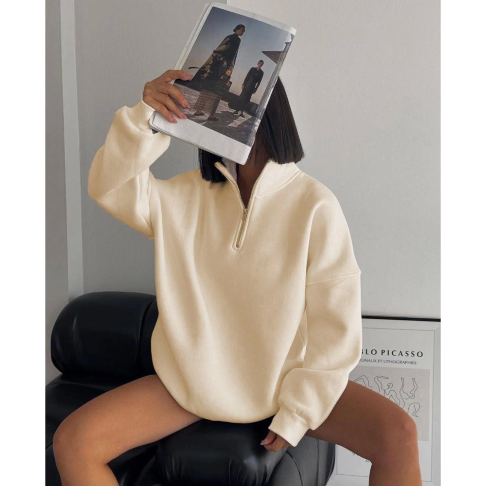 Yarım Fermuarlı Üç İplik Sweatshirt - Bej