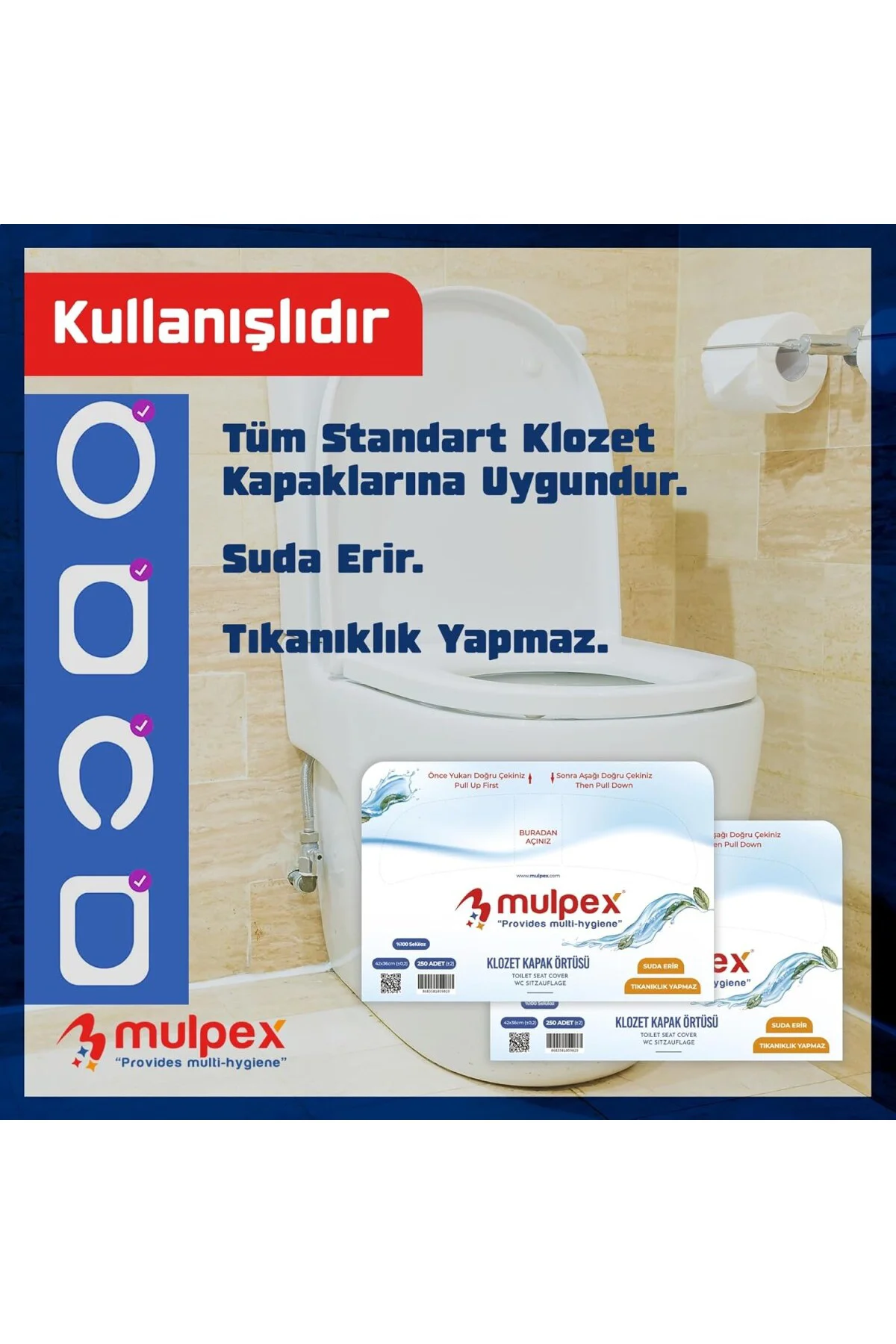 Yarım Katlı Klozet Kapak Örtüsü - 250 Yaprak Tek Kullanımlık, Çoc