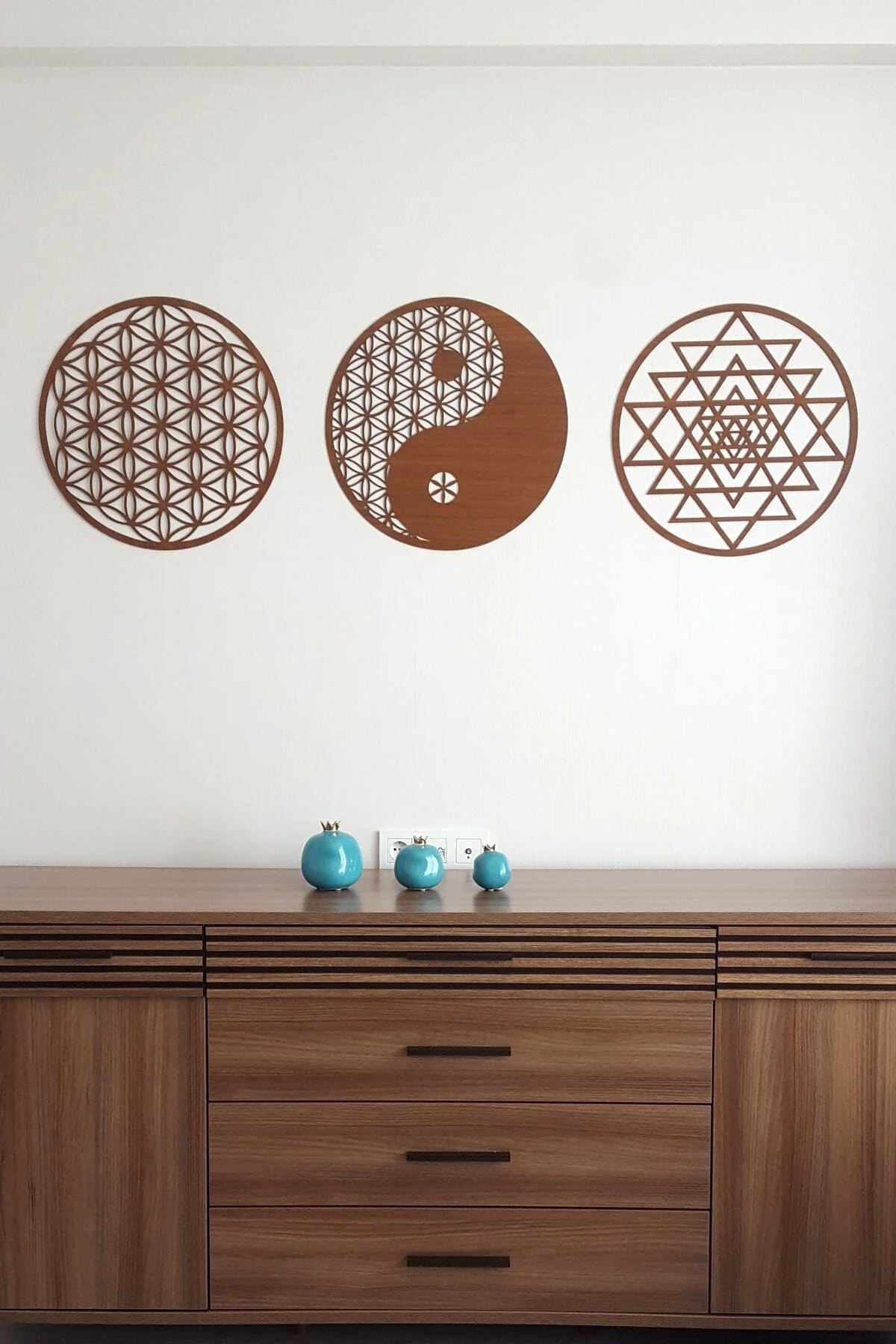 Yaşam Çiçeği Sri Yantra Ve Yin Yang 3'lü Set Kahverengi Duvar Tab