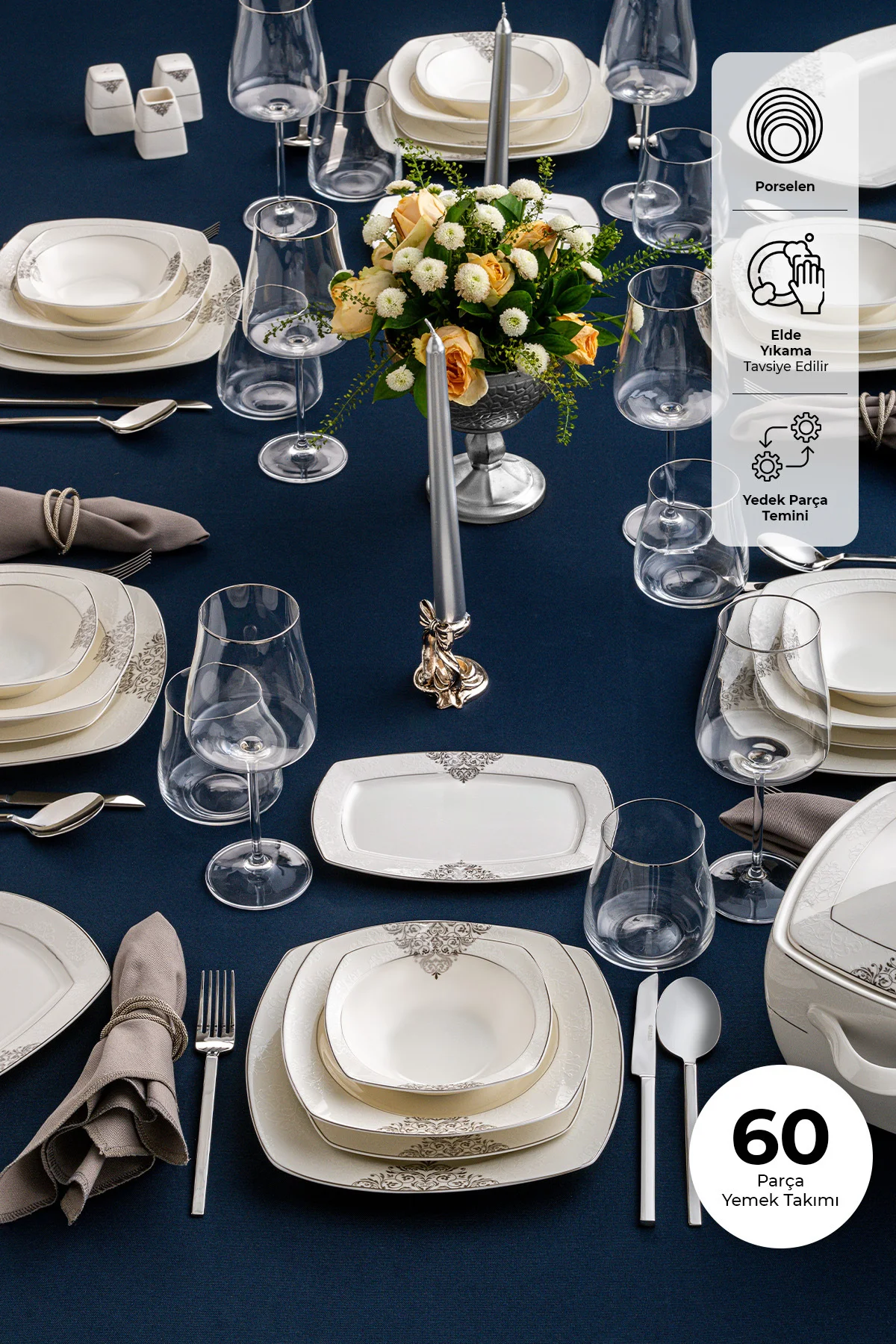 Yasemin 60 Parça 12 Kişilik Porselen Yemek Takımı Platin