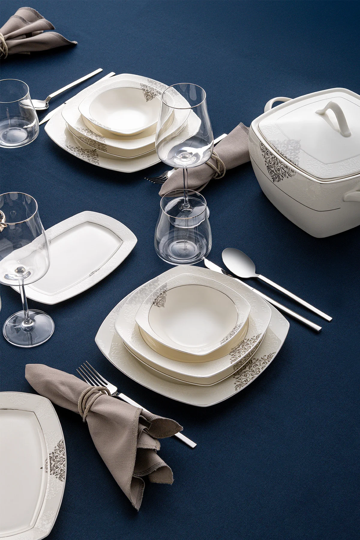 Yasemin 60 Parça 12 Kişilik Porselen Yemek Takımı Platin