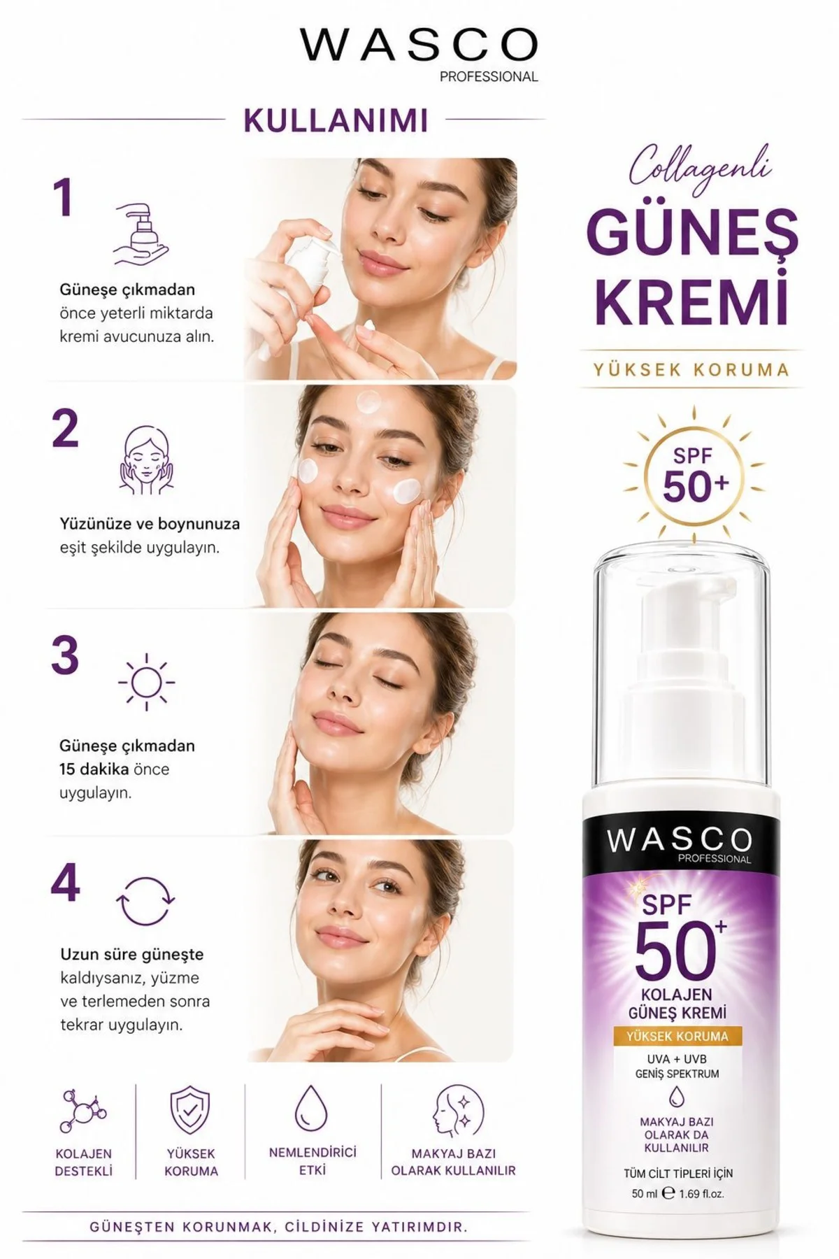Yaşlanma Karşıtı Spf50+ Kolajenli Güneş Kremi (collagen-panthenol