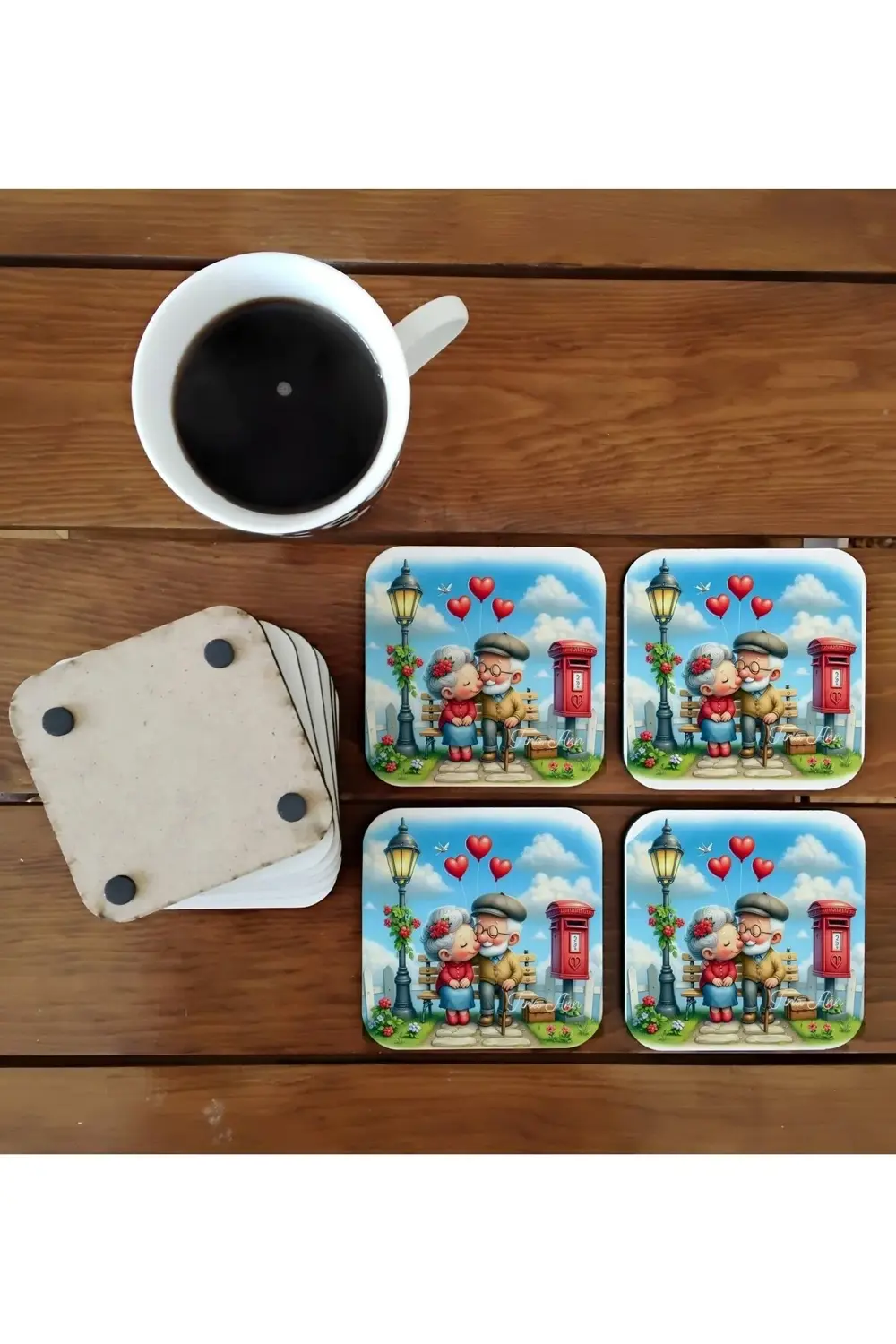 Yaşlı sevgililer dede ve nine ahşap bardak altlığı