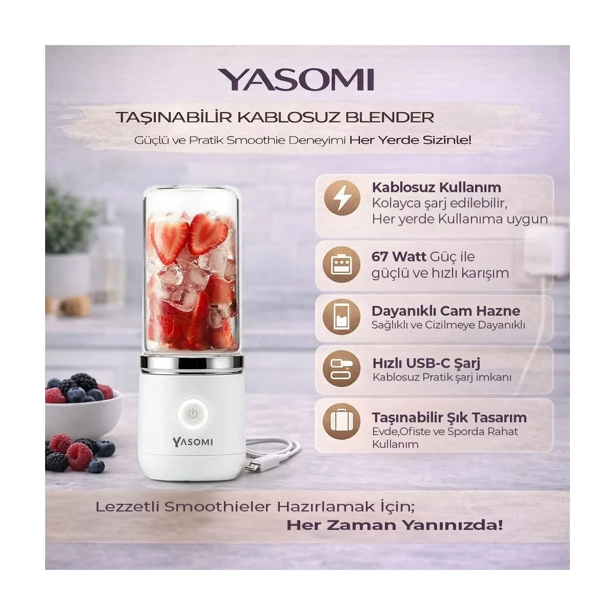 Yasomi Taşınabilir Kablosuz Şarjlı Cam Kişisel Blender Beyaz (Yasomi Türkiye Garantili) Yasomi Taşınabilir Kablosuz Şarjlı Cam Kişisel Blender Beyaz (Yasomi Türkiye Garantili)