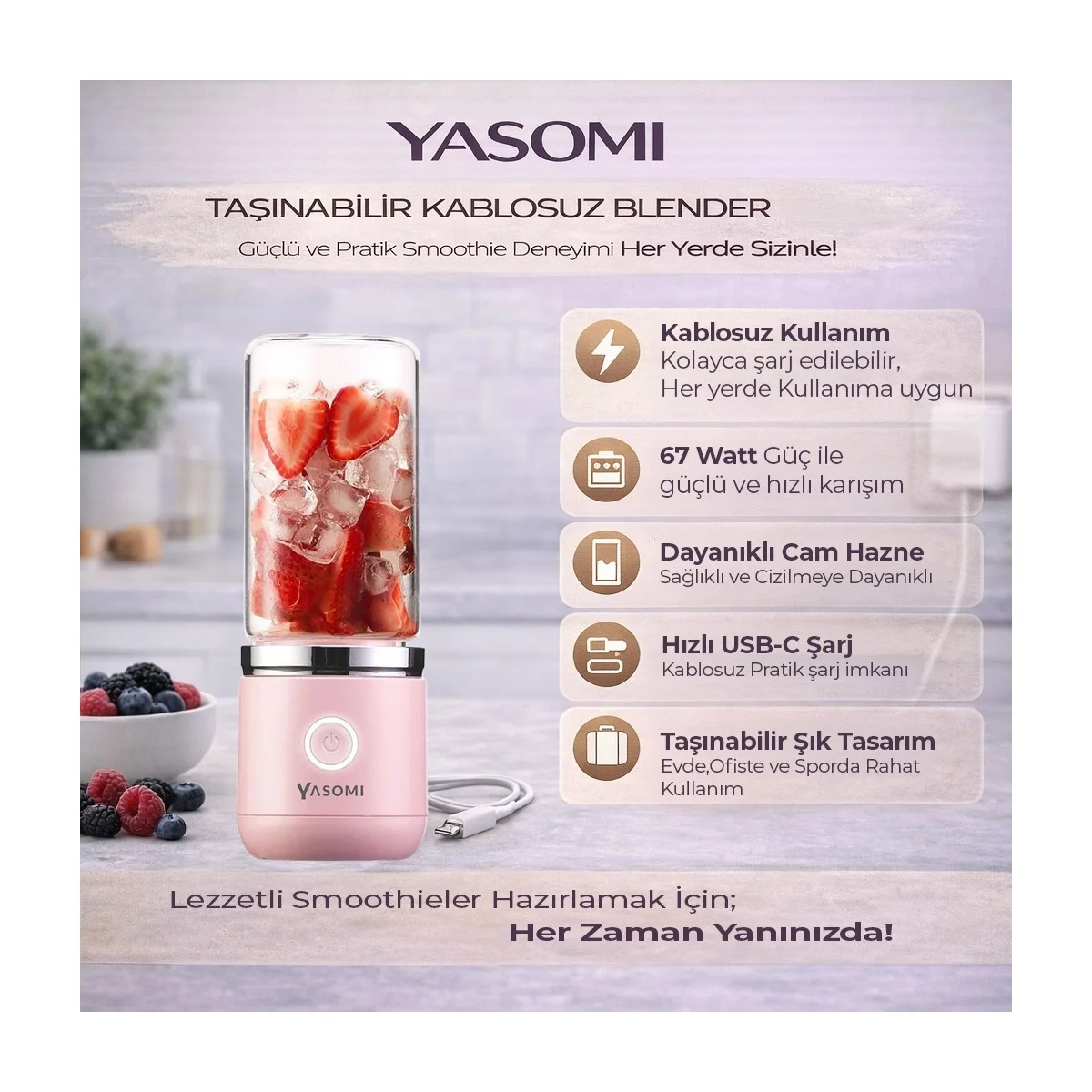 Yasomi Taşınabilir Kablosuz Şarjlı Cam Kişisel Blender Pembe (Yasomi Türkiye Garantili)