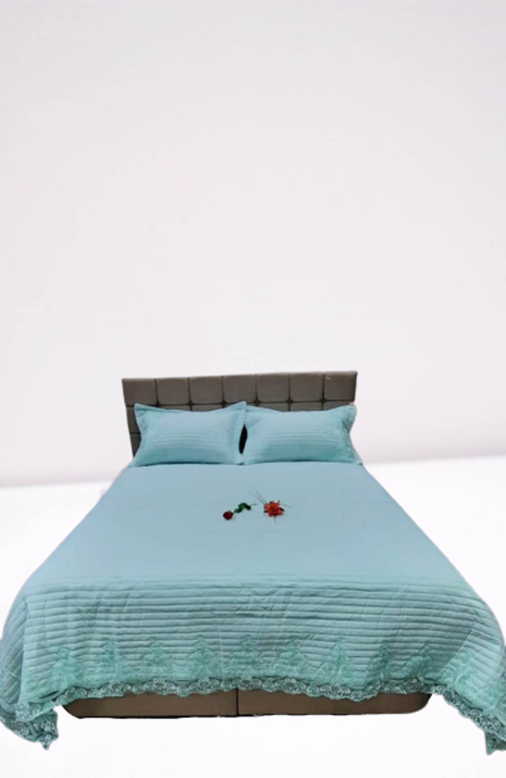 Yatak Örtüsü 13543 Zümrüt Çift Kişilik Dantelli AÇIK MAVİ %80 Pam