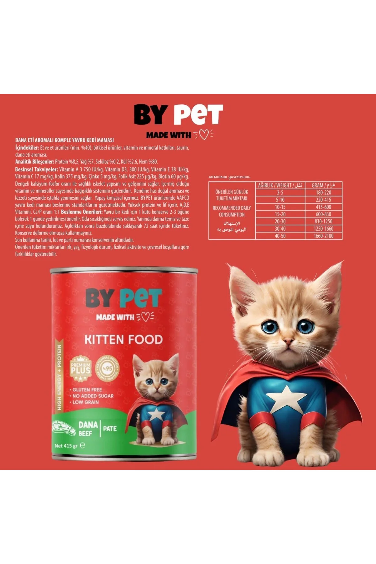 Yavru Kediler İçin Dana Etli Konserve Yaş Mama 415 gr x 12 Adet