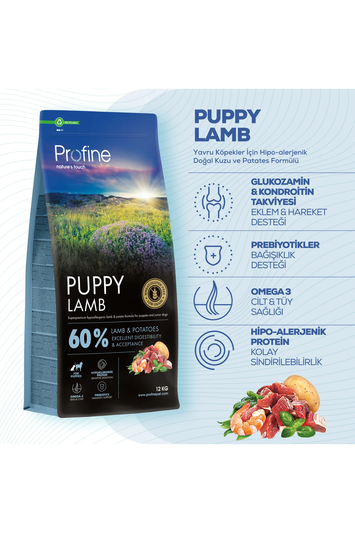 Yavru Köpekler İçin Glutensiz Hipo-alerjenik Doğal Kuzu ve Patates Formülü 12kg - PUPPY LAMB