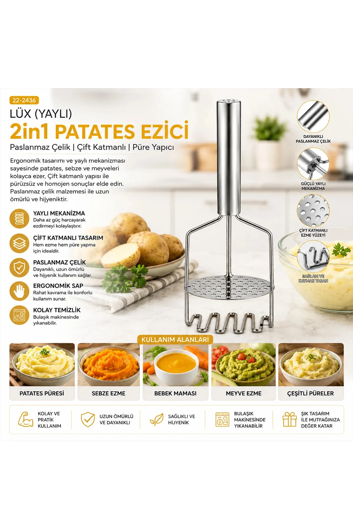 Yaylı 2-in-1 Patates Ezici