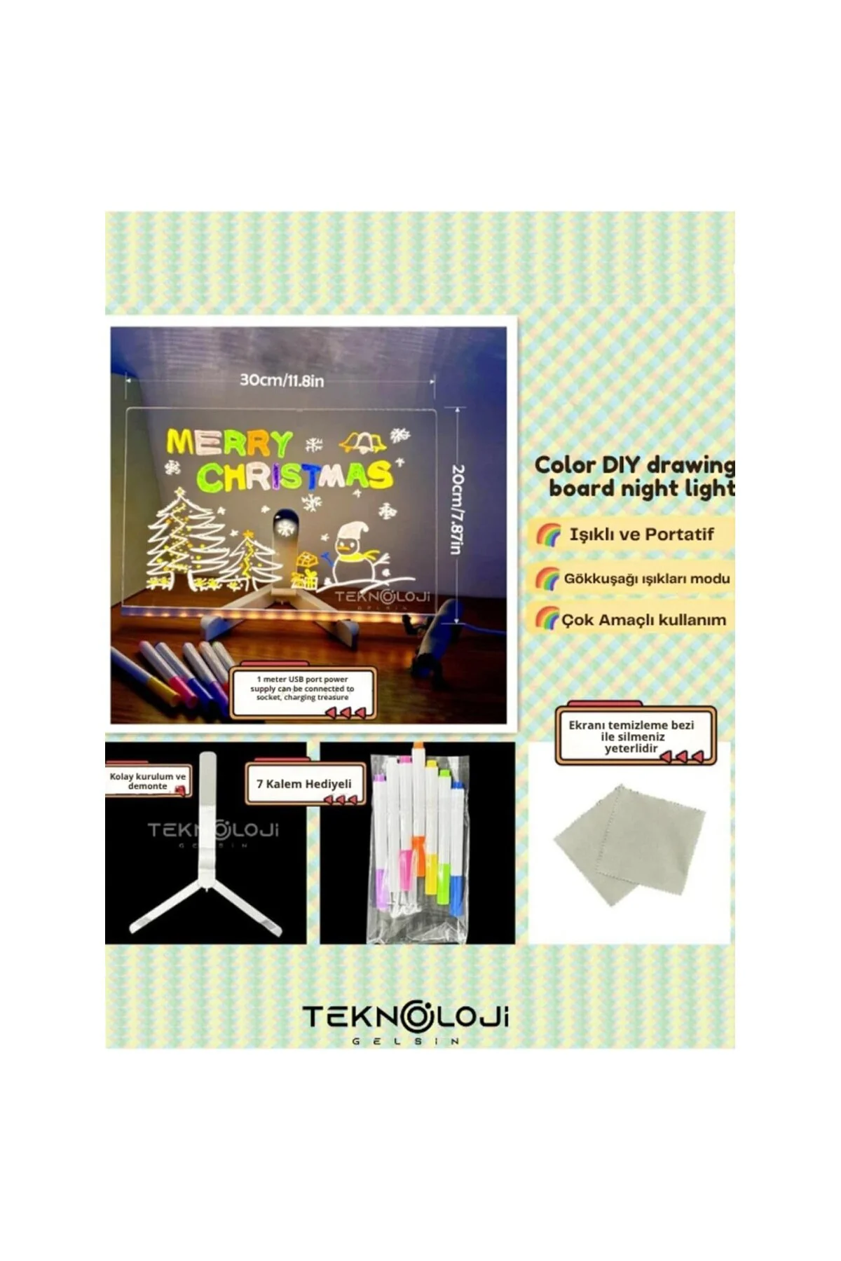 Yazı Çizim Tahtası Led Işıklı 20X30 CM 7 Kalem ve Stant Hediyeli 