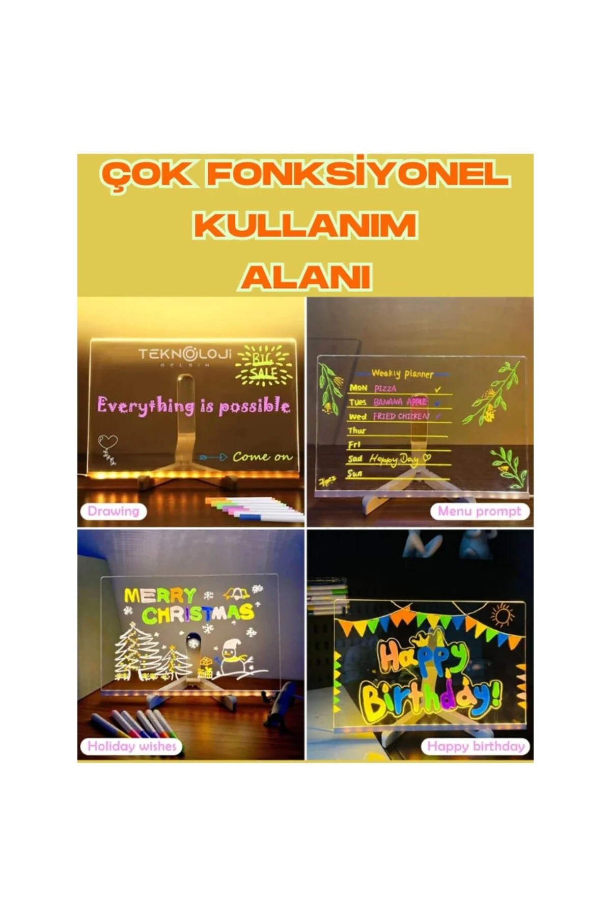Yazı Çizim Tahtası Led Işıklı 20X30 CM 7 Kalem ve Stant Hediyeli 