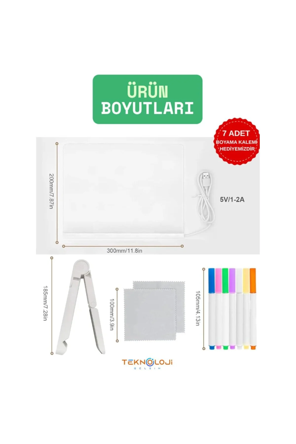 Yazı Çizim Tahtası Led Işıklı 20X30 CM 7 Kalem ve Stant Hediyeli 