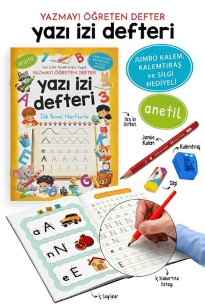 Yazı İzi Defteri - Yazmayı Öğreten Defter - Jumbo Kalem, Kalemtıraş ve Silgi Hediyeli