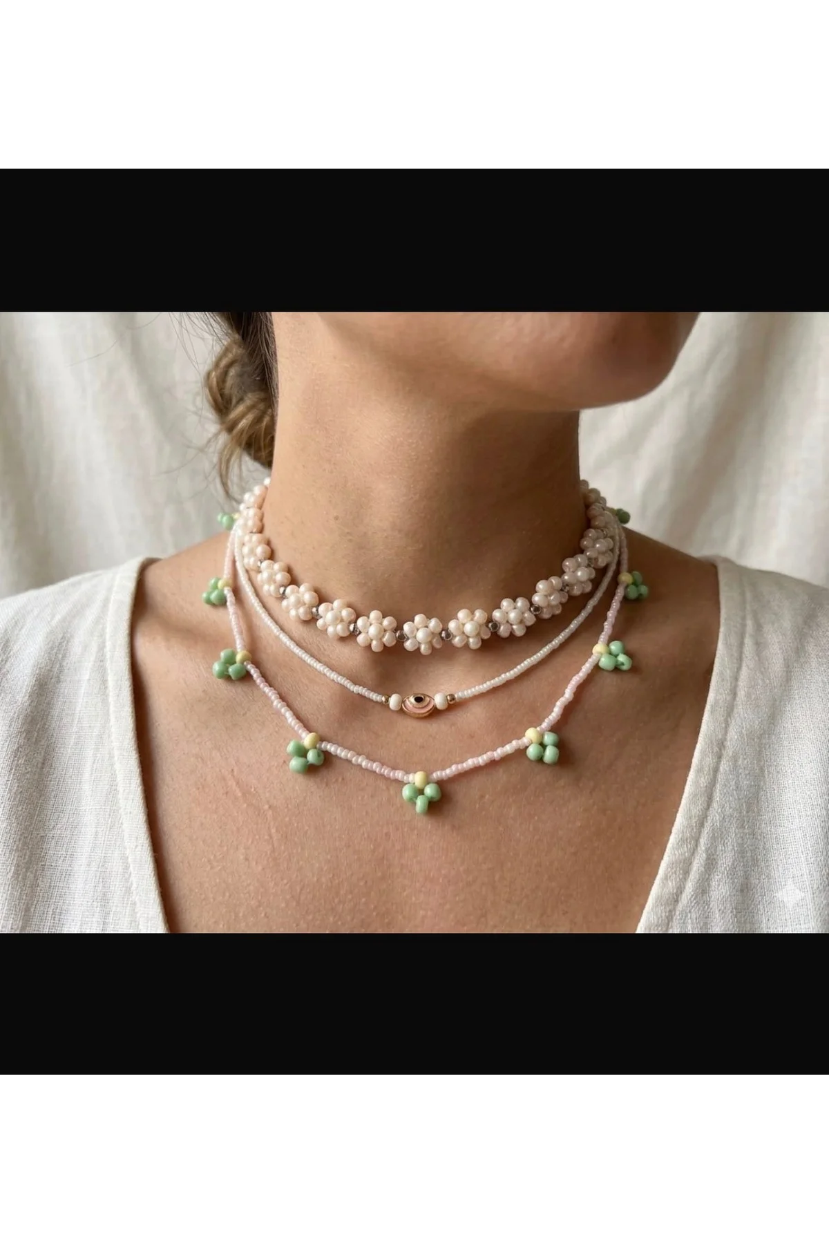 Yazlık Bohem Boncuk Kolye Kombini (Üçlü Set) - Pembe ve Yeşil Tonları