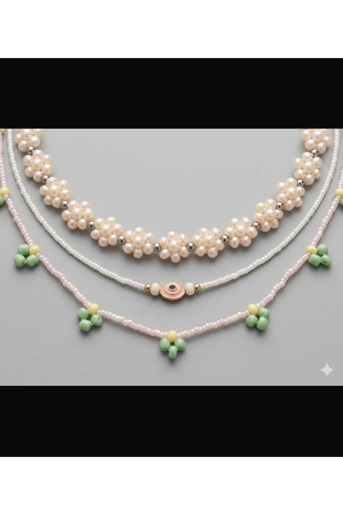 Yazlık Bohem Boncuk Kolye Kombini (Üçlü Set) - Pembe ve Yeşil Tonları