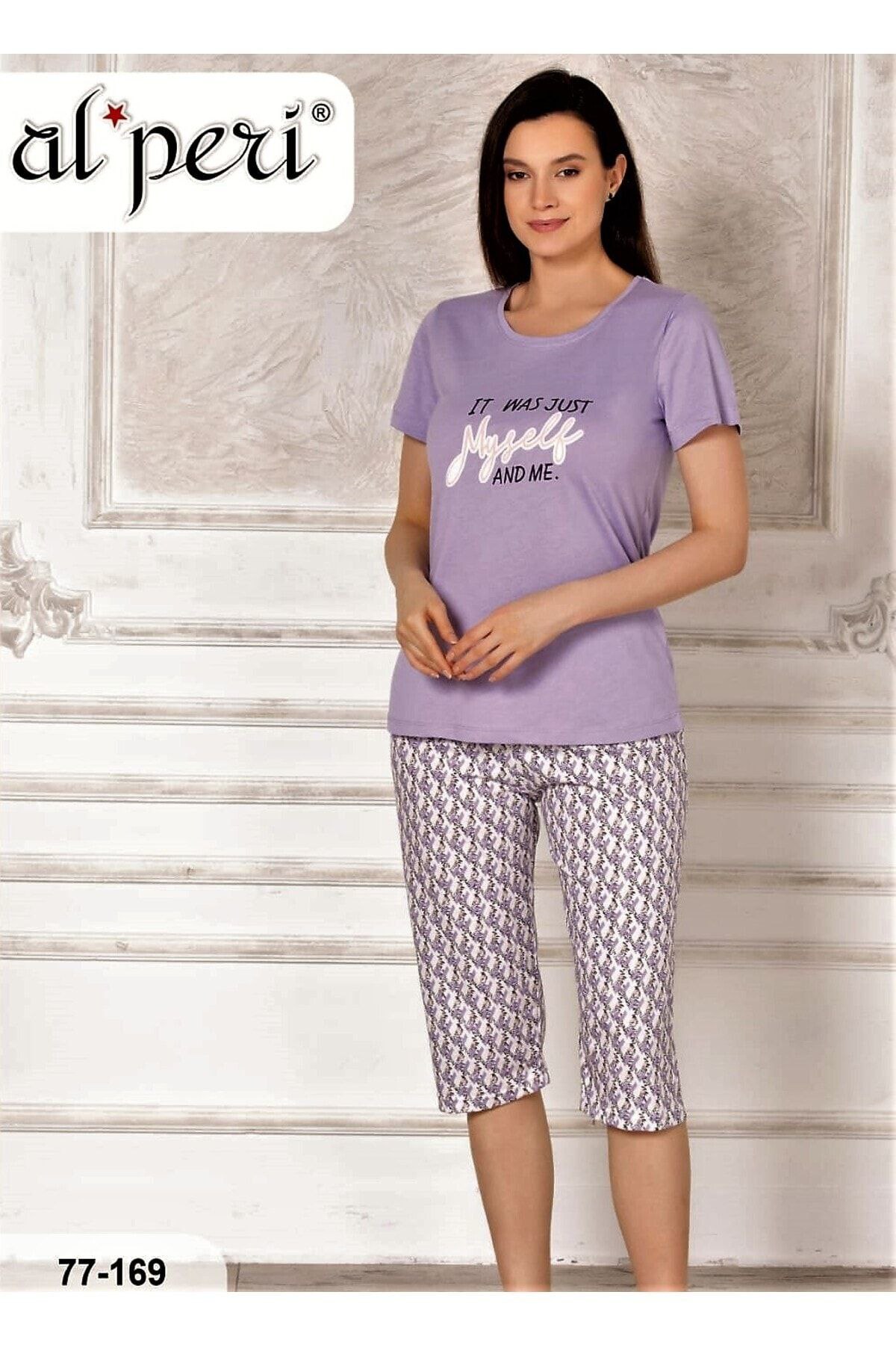 Alperi Yazlık Kısa Kol Kadın Kapri Pijama Takımı Lila