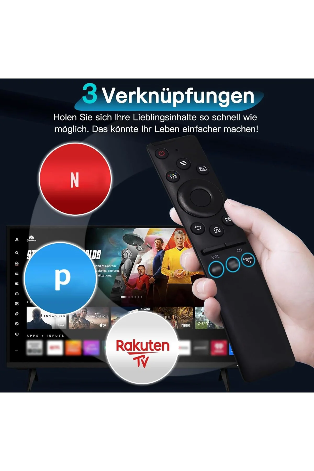 Yedek Uzaktan Kumanda Samsung Televizyon Evrensel Uzaktan Kumanda 3 Hızlı Erişim Tuşu, Tüm Sam