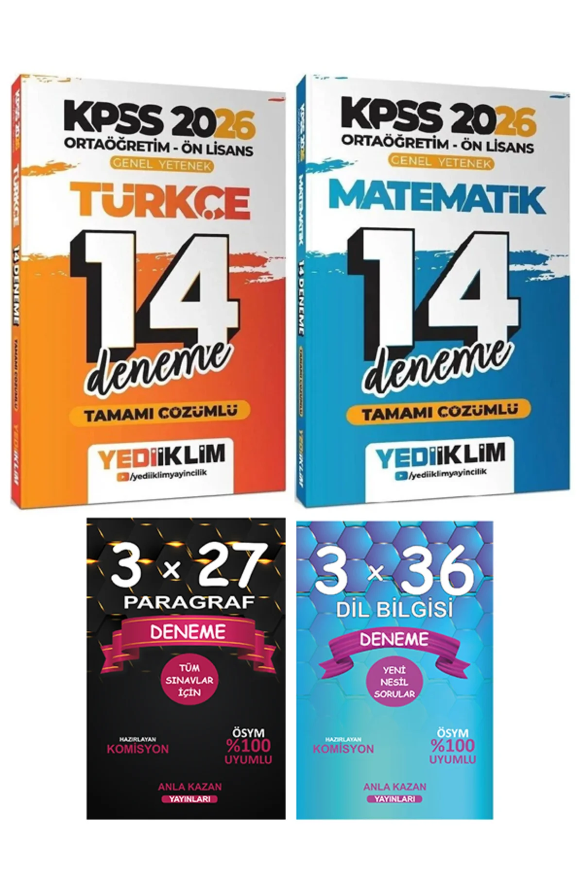Yediiklim + Anla Kazan 2026 KPSS Lise Ortaöğretim Ön Lisans Türkçe+Matematik 14+14 Deneme 4 lü Set