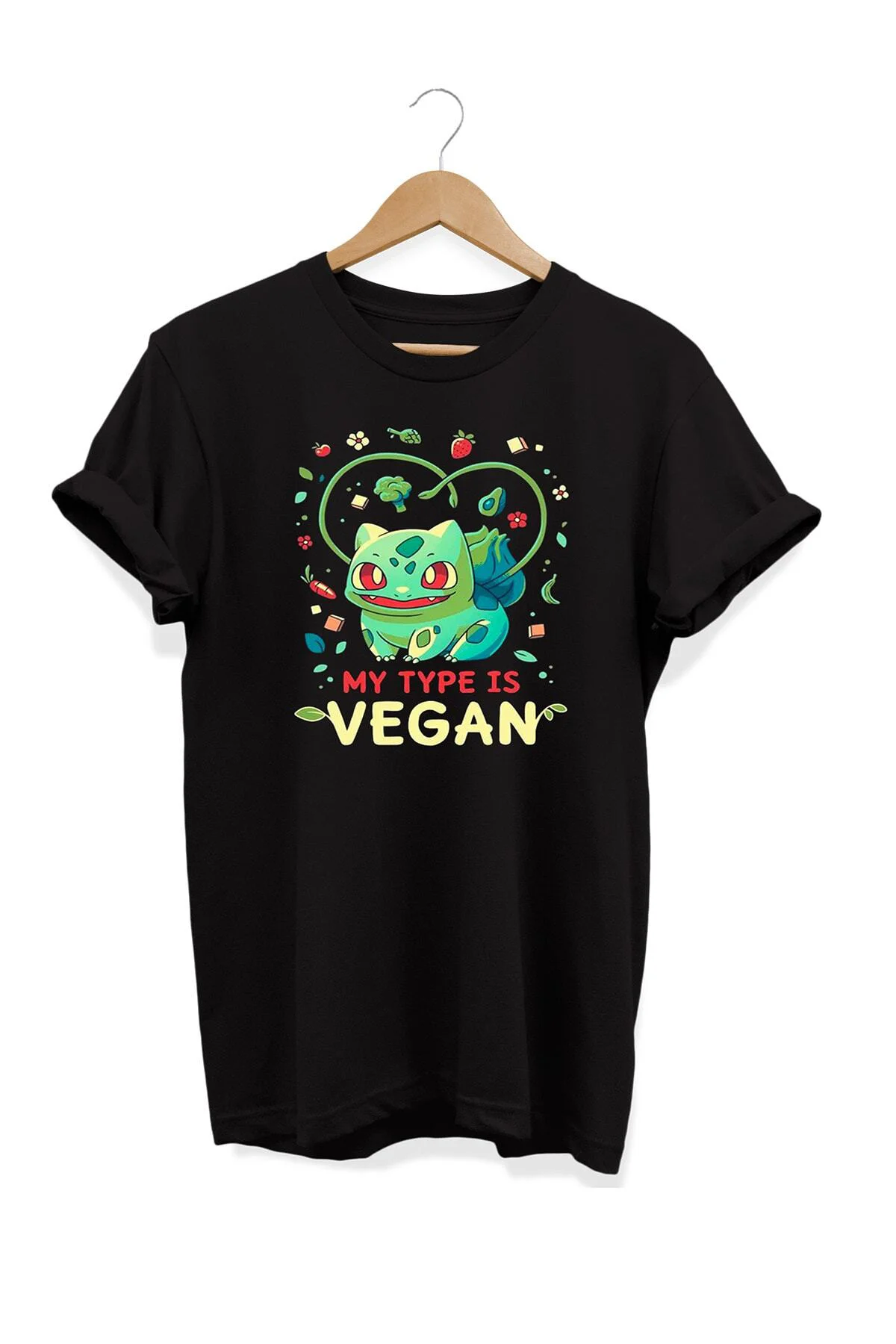 Yemek Serisi Bulbassaur Vegan Baskılı %100 Pamuk Büyük Beden Tişö