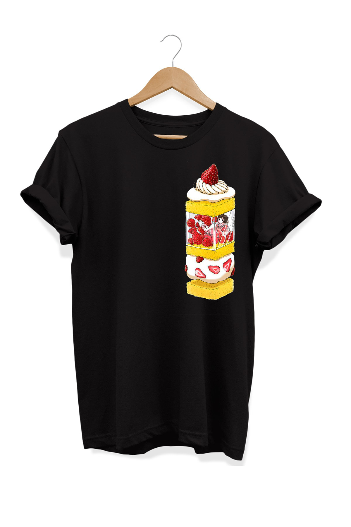Remonz Yemek Serisi Çilekli Pasta Baskılı %100 Pamuk Büyük Beden Tişört