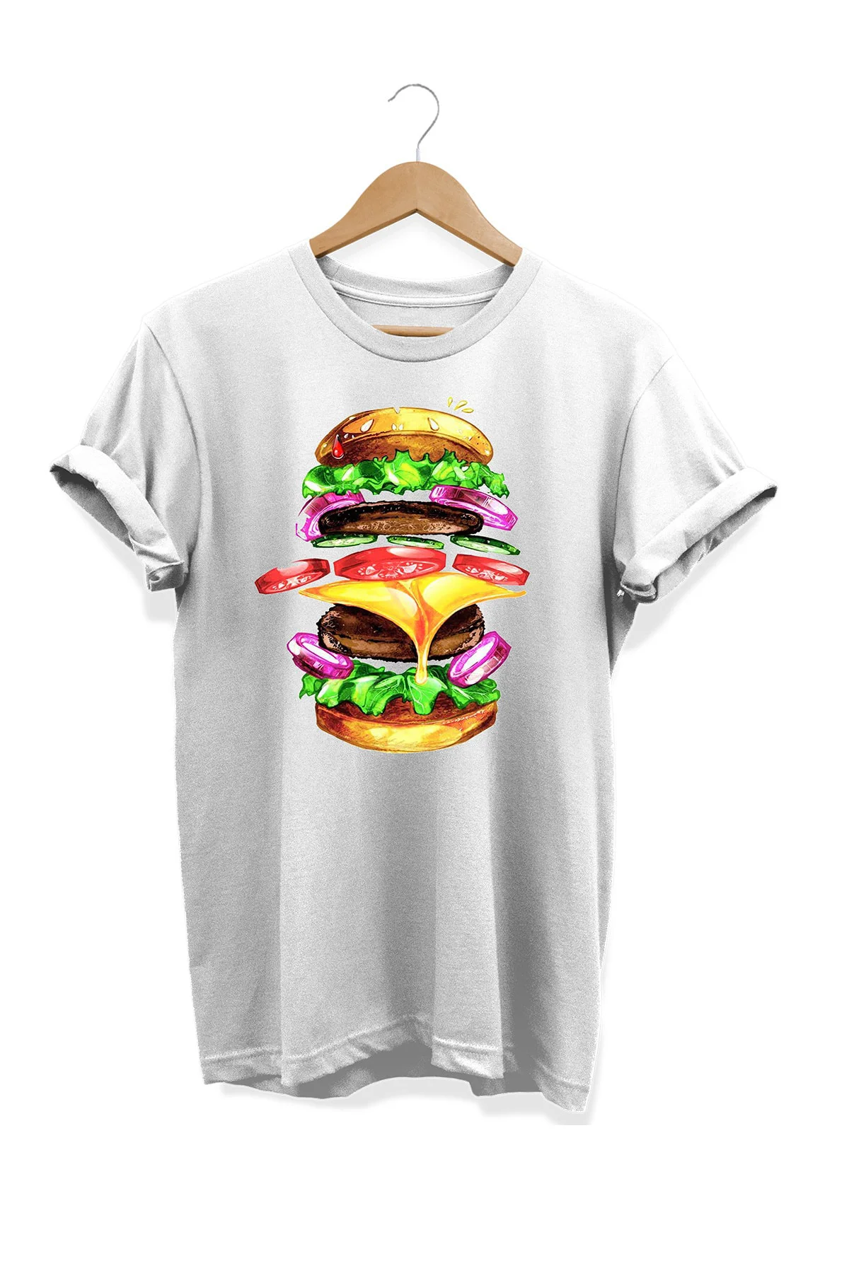 Yemek Serisi Hamburger Baskılı %100 Pamuk Büyük Beden Tişört