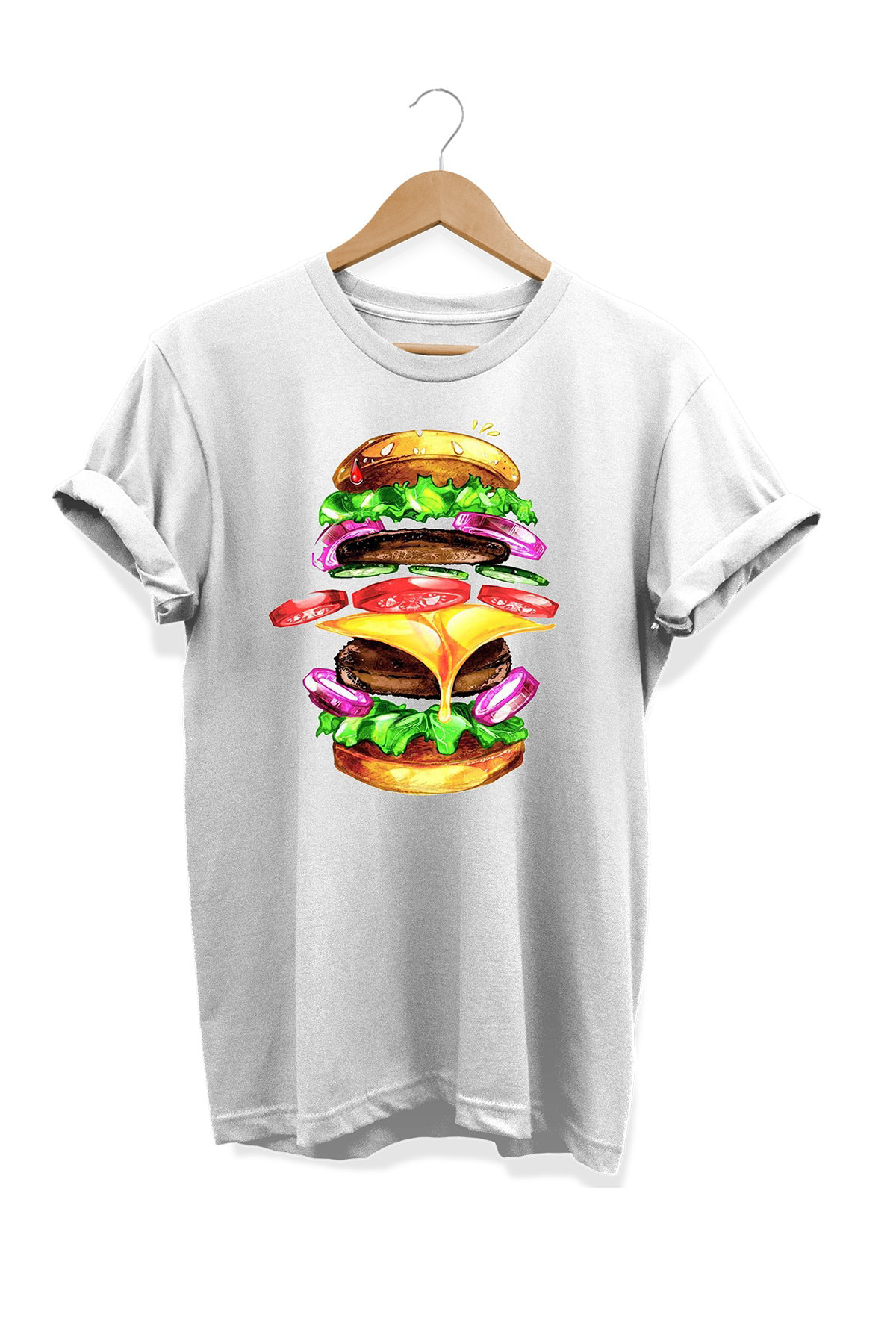 Remonz Yemek Serisi Hamburger Baskılı %100 Pamuk Büyük Beden Tişört