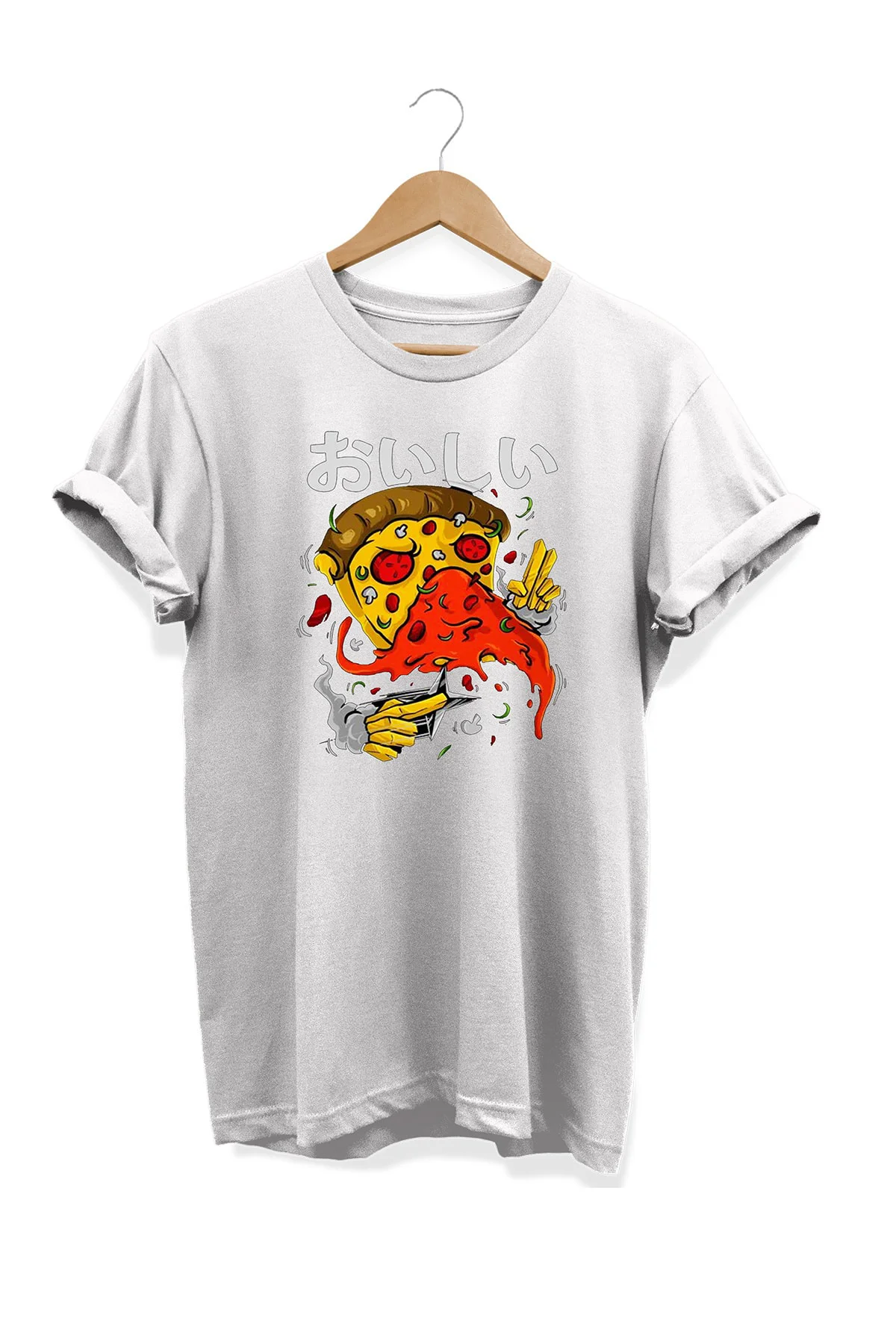 Yemek Serisi Ninja Pizza Baskılı %100 Pamuk Büyük Beden Tişört