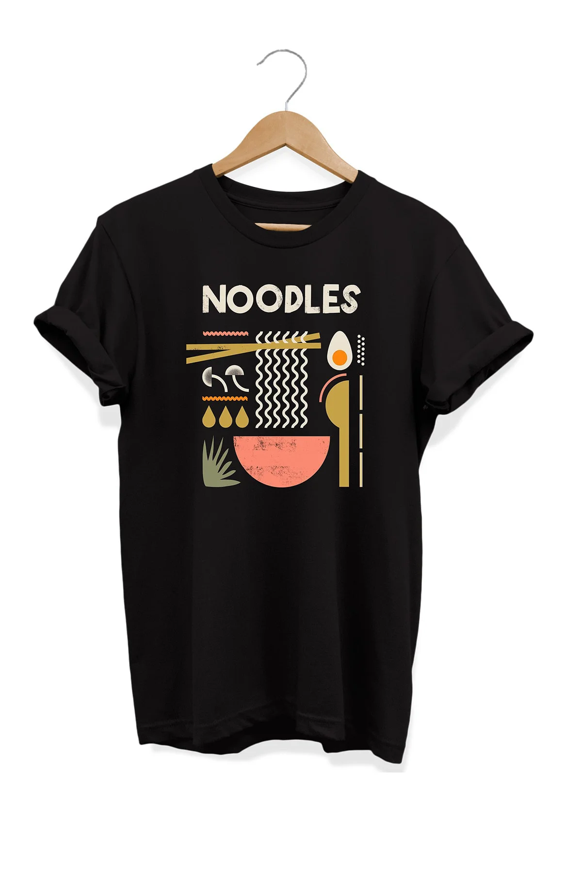 Yemek Serisi Noodle Baskılı %100 Pamuk Büyük Beden Tişört