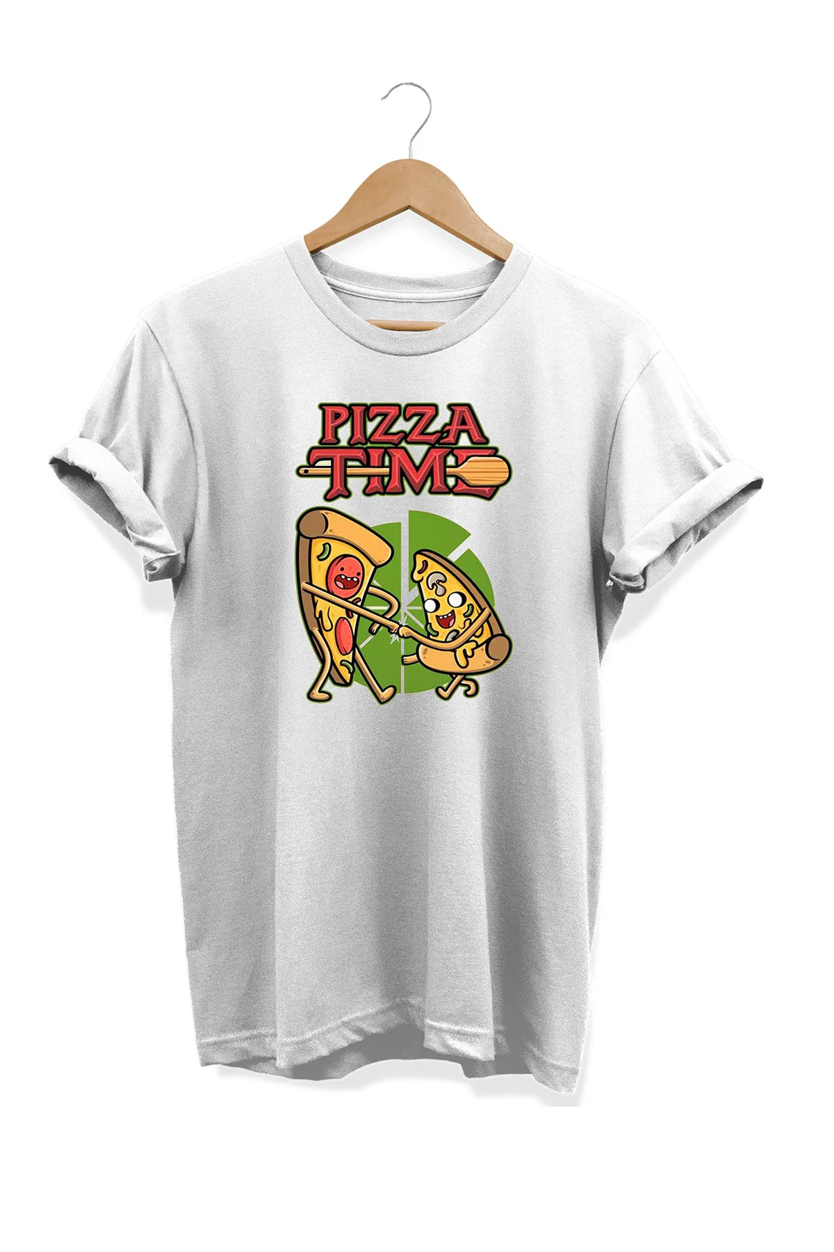 Yemek Serisi Pizza Time Baskılı %100 Pamuk Büyük Beden Tişört