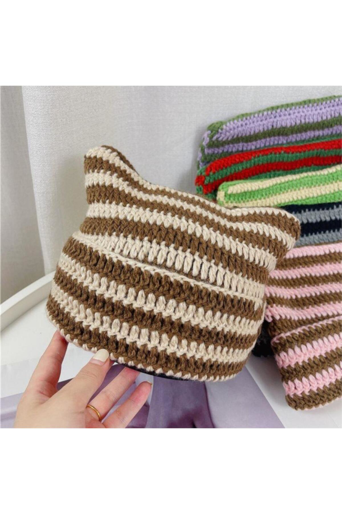 Köstebek Yeni Bej Kahverengi Çizgili Boynuz Detaylı Örgü Bere