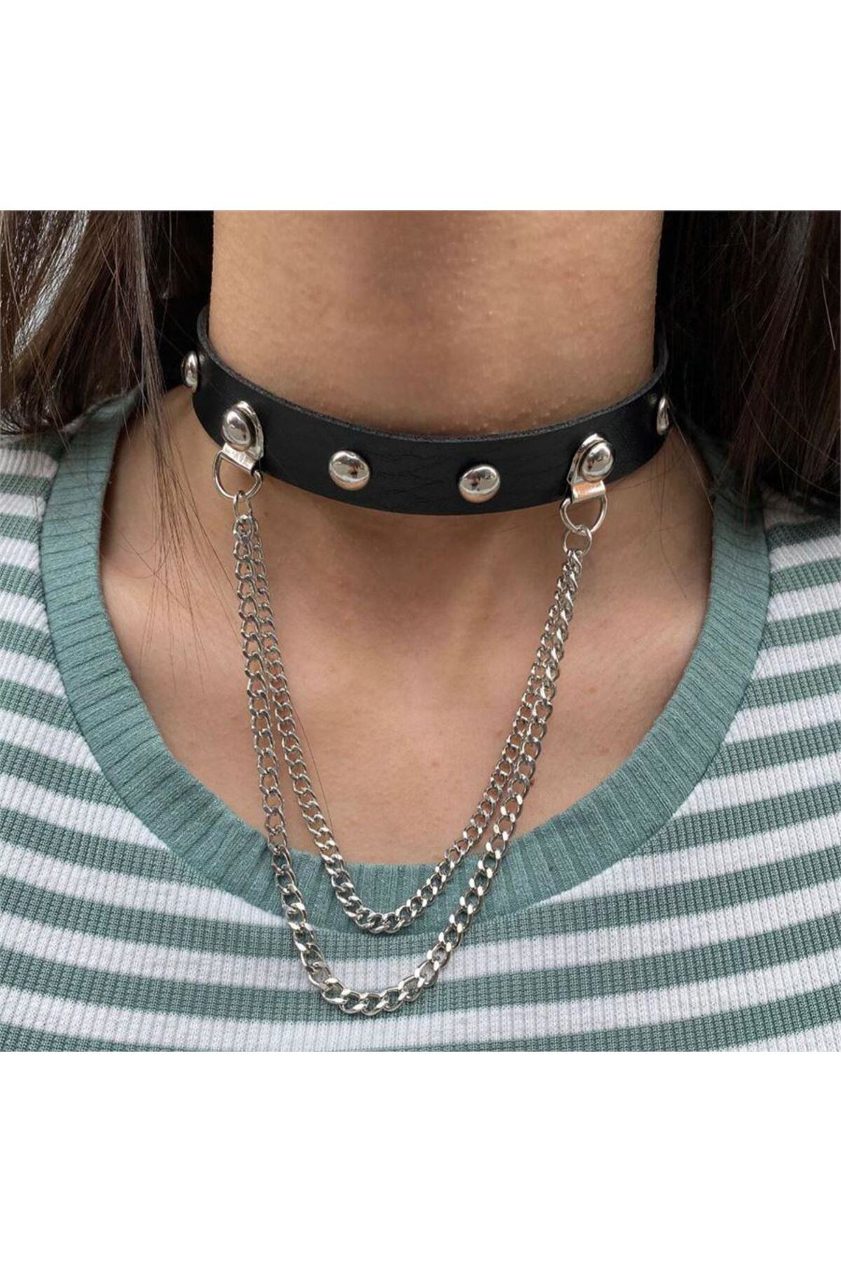 Yeni Çift Zincirli Yuvarlak Zımba Detaylı Siyah Deri Tasma