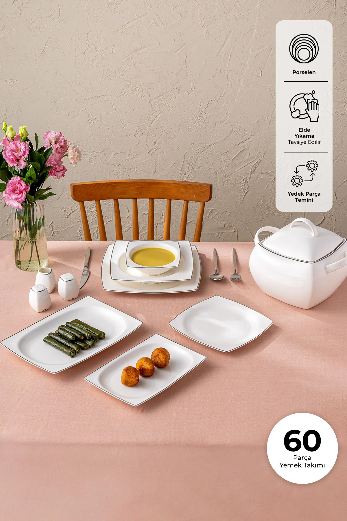 Yeni Karmen 60 Parça 12 Kişilik Yemek Takımı Kare Platin