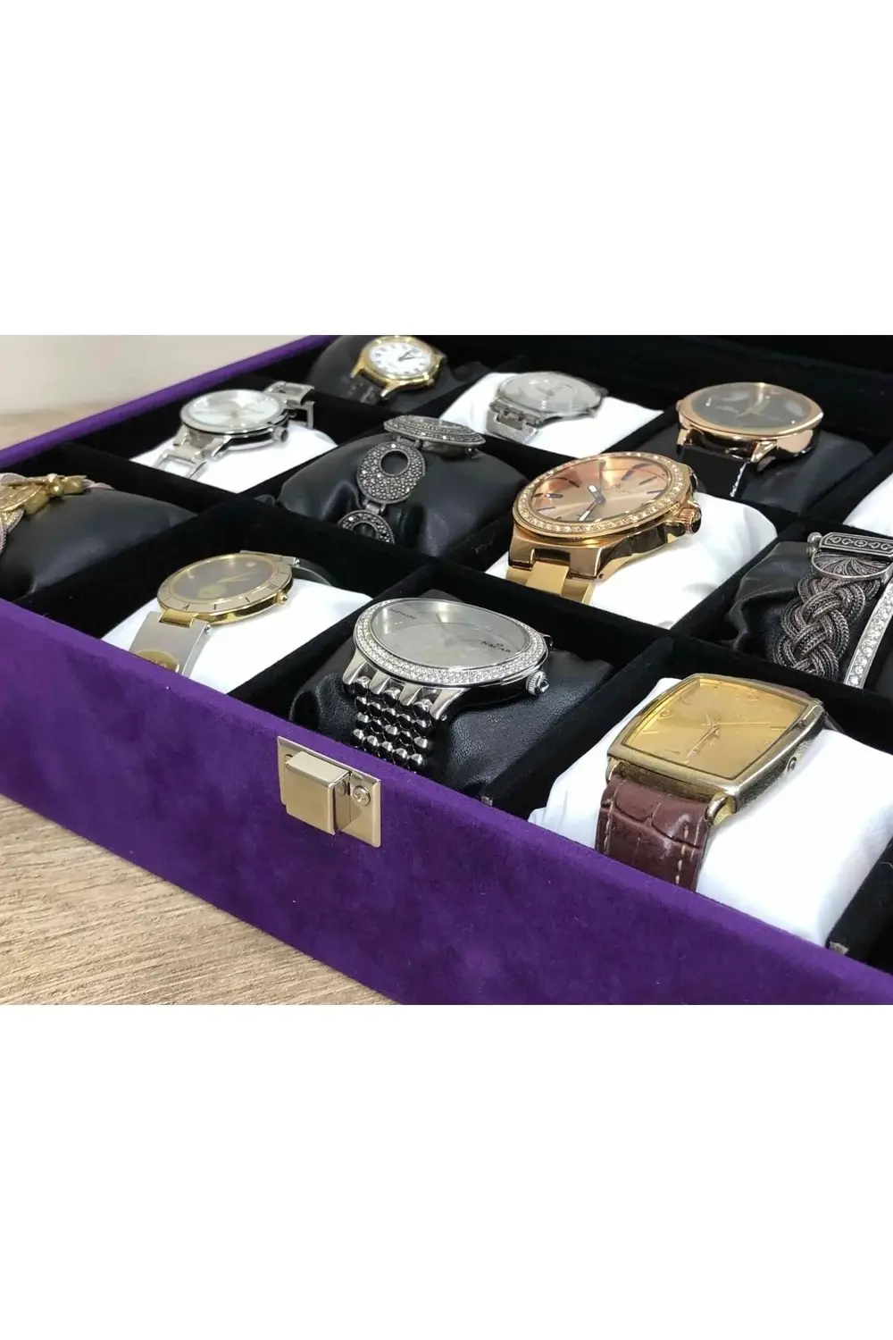 Yeni Konsept Çok Amaçlı Cam Kapaklı Ahşap Italyan Mor Kadife Kapl