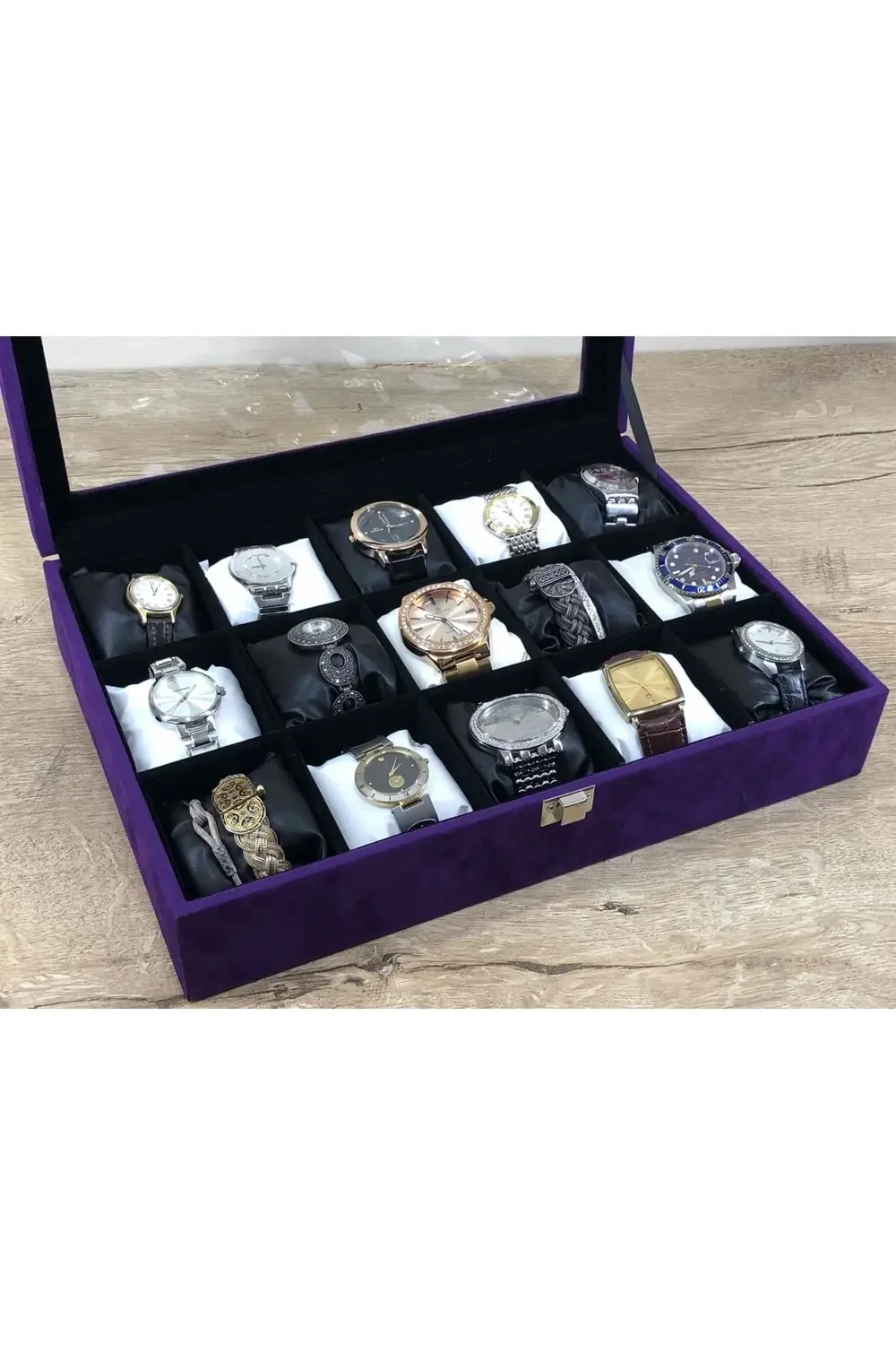 Yeni Konsept Çok Amaçlı Cam Kapaklı Ahşap Italyan Mor Kadife Kapl