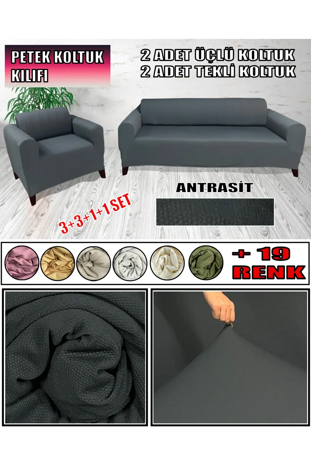 YENİ MİKRO PETEK KUMAŞ 2 ADET ÜÇLÜ-2 ADET TEKLİ KOLTUK KILIFI SET