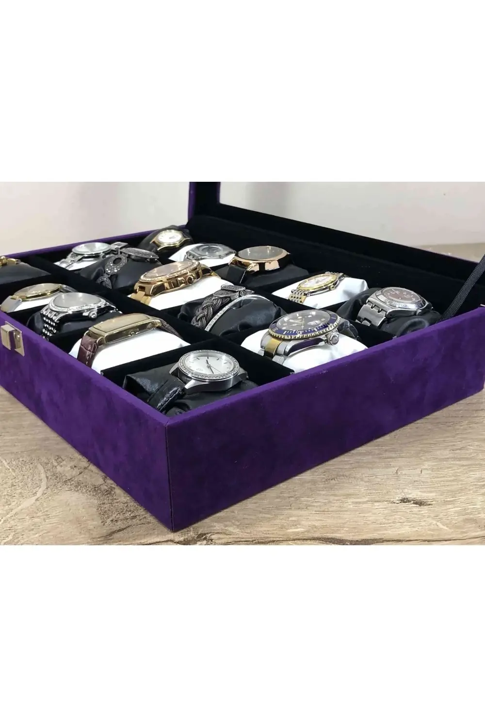 Yeni Moda Kareli Yastıklı Mor Kadife Kaplama Alyans Saat Kolye Bi