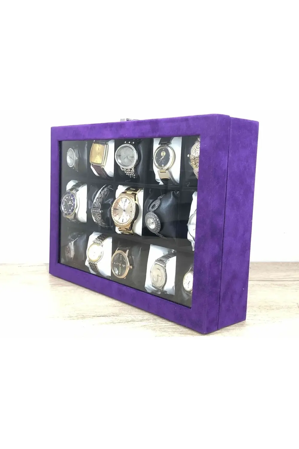 Yeni Moda Kareli Yastıklı Mor Kadife Kaplama Alyans Saat Kolye Bi