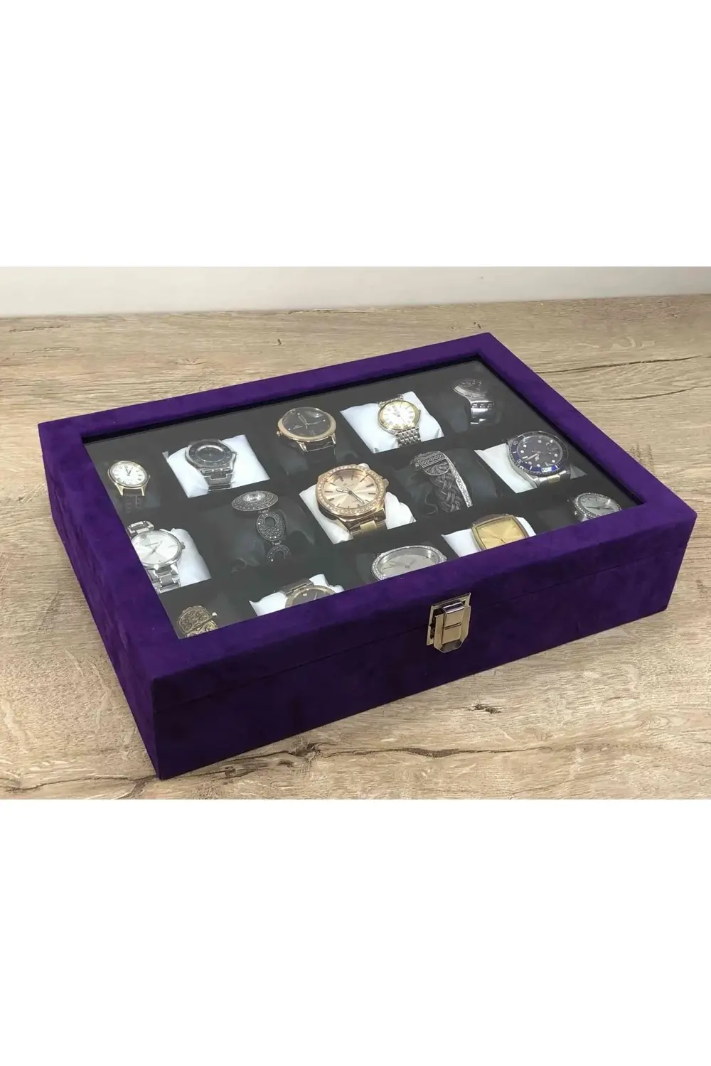 Yeni Moda Kareli Yastıklı Mor Kadife Kaplama Alyans Saat Kolye Bi